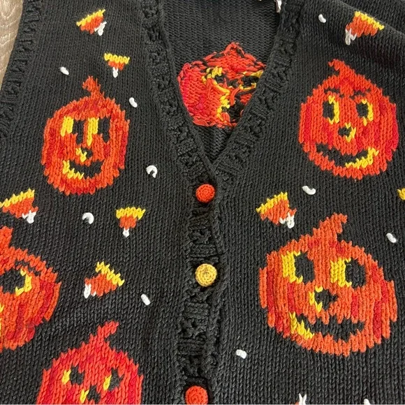 Vintage Halloween Sweater Vest Black Orange Pumpkins - Picture 3 of 13